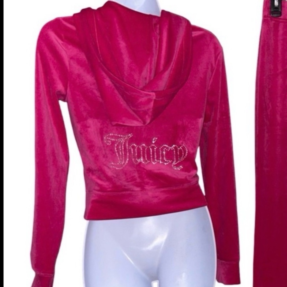 JUICY COUTURE FREE LOVE HOT PINK  RHINESTONE VELOUR ZIP UP CROPPED TRACKSUIT NWT